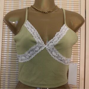 Olive green white lace tank